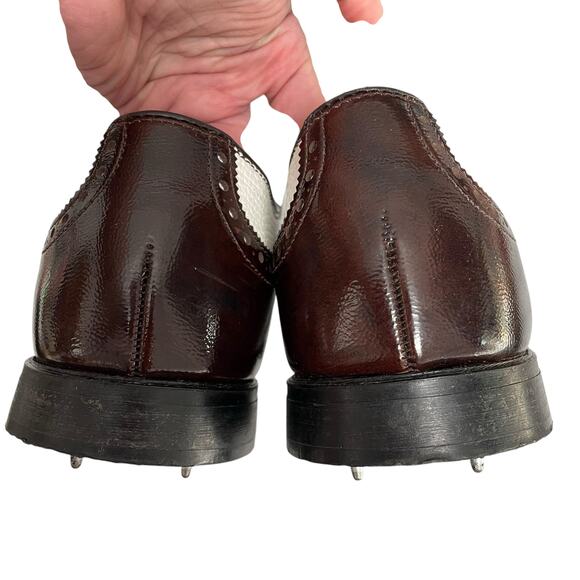 Vintage Etonic Wingtip Golf Shoes Men 11.5 D Metal Spikes Leather Brown White - Picture 6 of 11